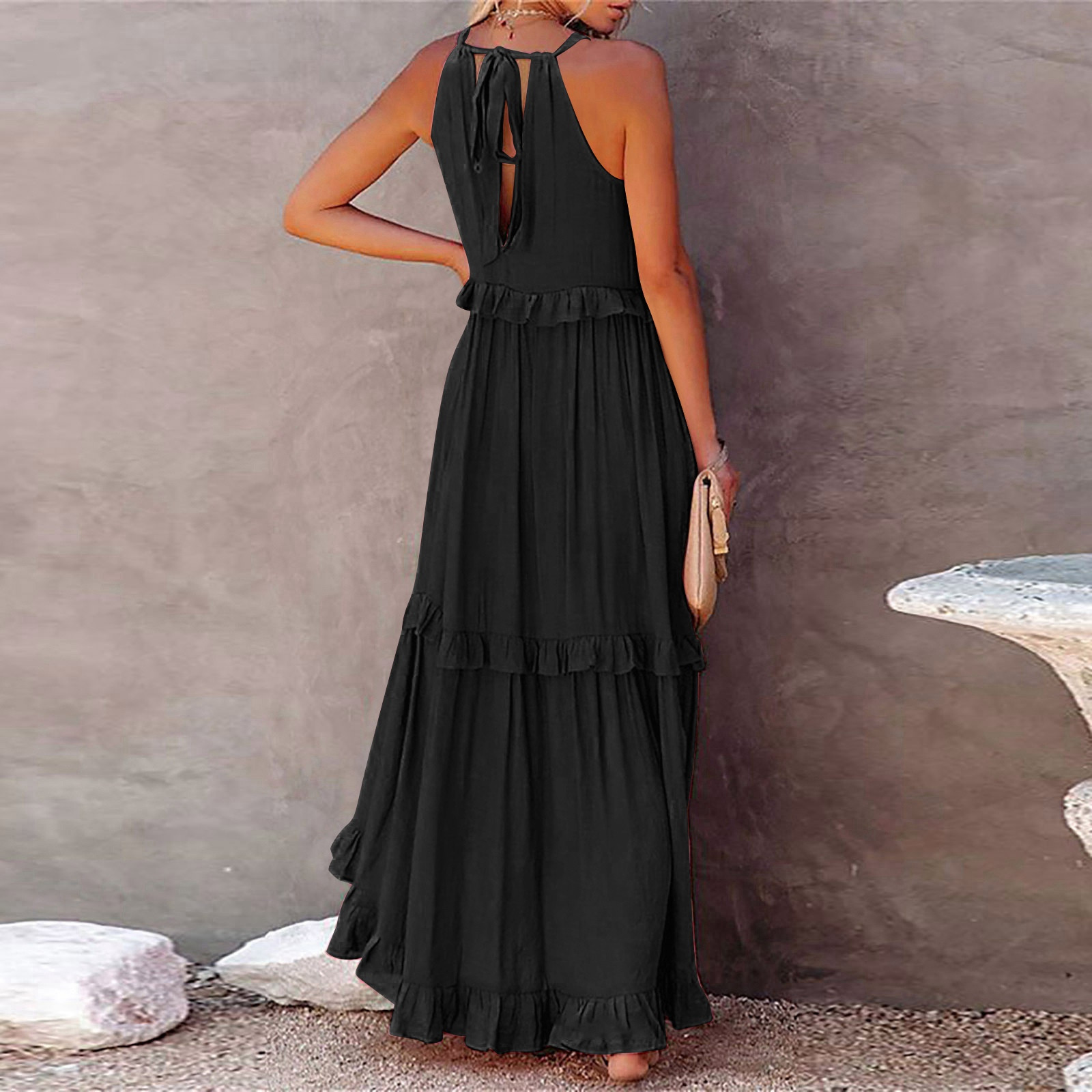 thumbnail image 5 of 2025 Vestido largo sin mangas para mujer, vestido de playa informal con volantes fluidos, vestido de poliéster de cintura alta, tallas S-XXL, 5 of 8